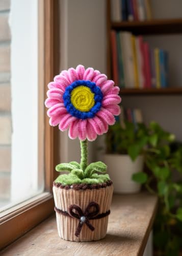 Image of Handmade Artificial Flower Pot for Home Decor | Cute Fuzzy Wire Pipe Cleaner Flower Plant | Aesthetic Tabletop Decorative Pot for Home, Office & Gifting (Soft Bloom :- DarkBlue-Pink)