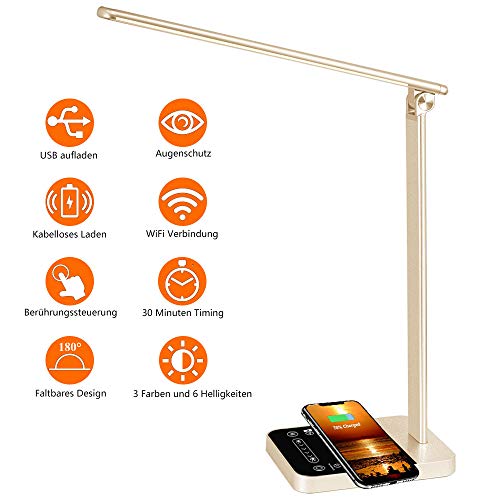 Lampe de bureau, lampe de table dimmable, protection oculaire, lampe de chevet, port de charge USB, 6 niveaux de luminosité, contrôle à écran tactile, lampe de bureau rotative avec WIFI, doré