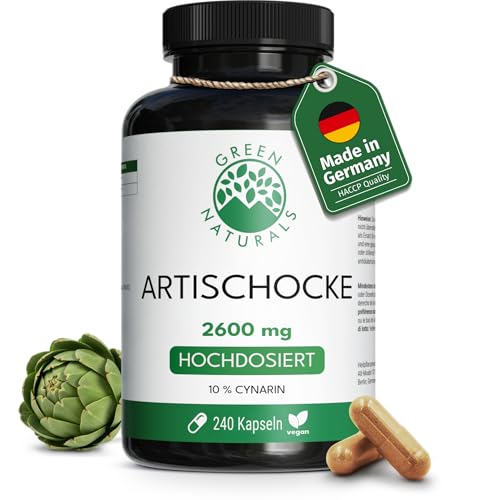 Green Naturals® Artischocken Kapseln - Hochdosiert: 40:1 Extrakt (=104.000mg Artischocke) mit 260mg Cynarin - 240 Kapseln (2 Monate) - Vegan & Ohne künstlichen Zusatzstoffe