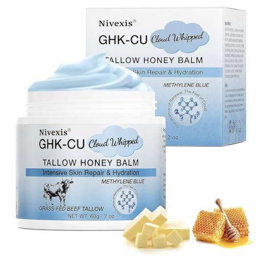 Nivexis Copper Peptides GHK-Cu Whipped Beef Tallow for Skin, Grass Fed Beef Tallow and Honey Balm for Face & Body, with Methylene Blue Anti-Aging Moisturizer, Suitable for All Skin Types, 2 Oz