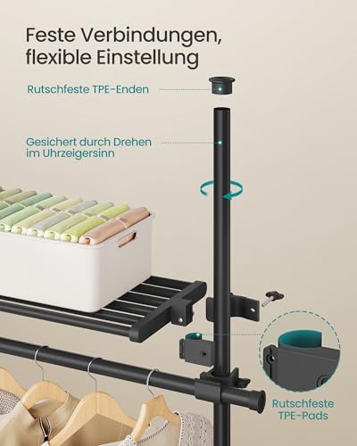 SONGMICS Teleskopstange Kleiderständer, 3-stufige Garderobe, höhen- und breitenverstellbar, offener Kleiderschrank mit 2 Kleiderstangen und Abnehmbarer Ablage, Greifarm, Mattschwarz HSR136B01