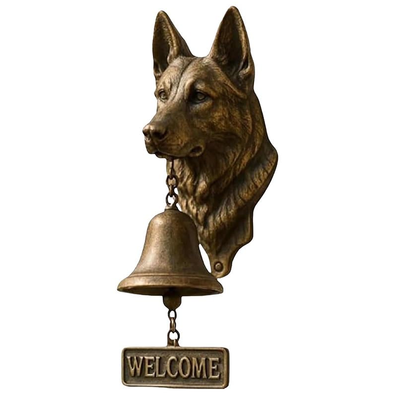 DJMAW Retro 3D Dog Welcome Doorbell – Vintage Cast Iron/Resin Wall-Mounted Entry Bell with Brass Chime for Porch, Front Door, Garden & Yard Decoration(German Shepherd)
