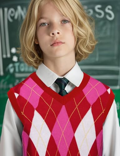 BOBOYOYO Boys Argyle Sweater Vest 100% Cotton V-Neck Vest Kids Uniform Sleeveless Sweaters for Children 5-12Y2