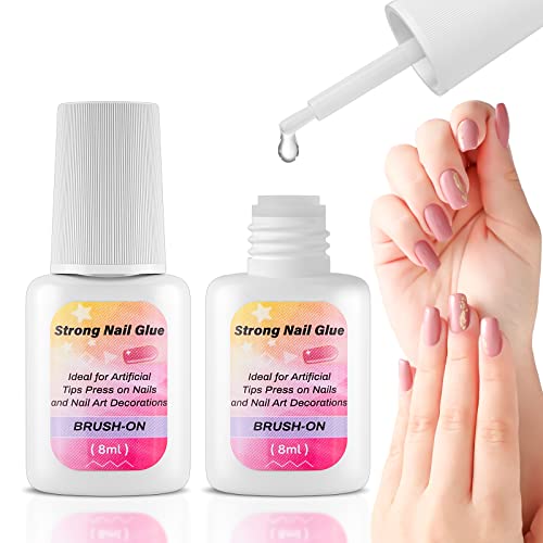 Strong Nail Glue For Press On Nails,2 X 8Ml Super Adhesive Brush-On Nail Glue For Acrylic Nails Tips, Broken Nail Repair, Nail Art Charms Decoration, Professional Long-Lasting Nail Bond Glue Gel #TOP30