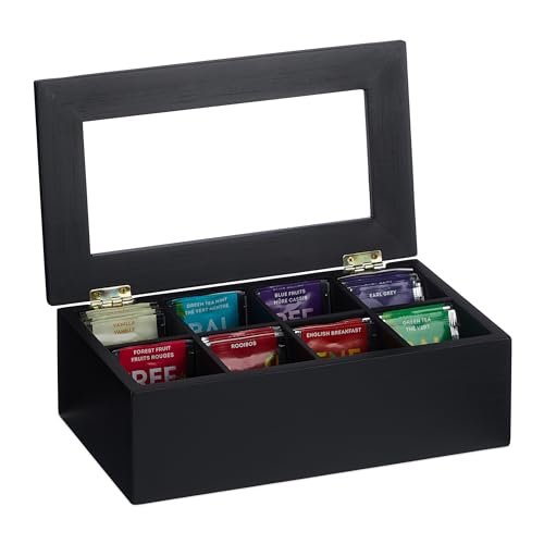 Relaxdays Teebox, 8 Fächer, Bambus, HxBxT: 9x28x16 cm, Tee & Kaffeepads, Teekasten mit Deckel, staubgeschützt, schwarz