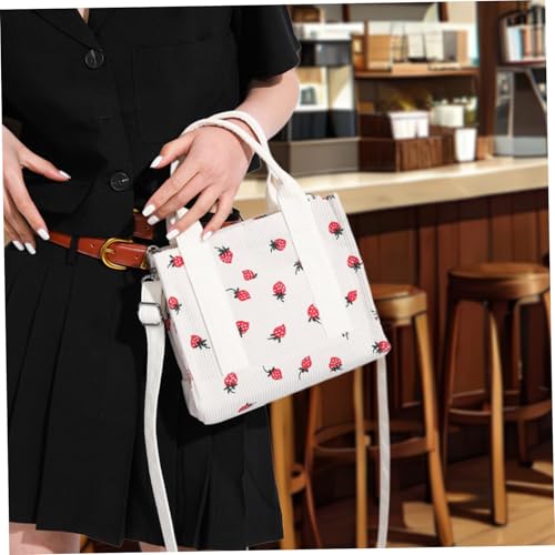 Bolso tote de pana de 8,27 x 7 pulgadas, bolso pequeño con diseño de fresa, con correa ajustable para hombro, bolso cruzado con cremallera para mujer miniatura 6