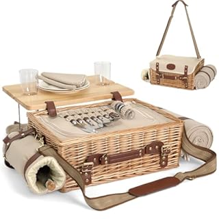 Multifunctional Wicker Picnic Basket Set for 2 with Blanket and Picnic Table, Insulated Picnic Set with Full Tablewares for Camping Outdoor Couples,Natural