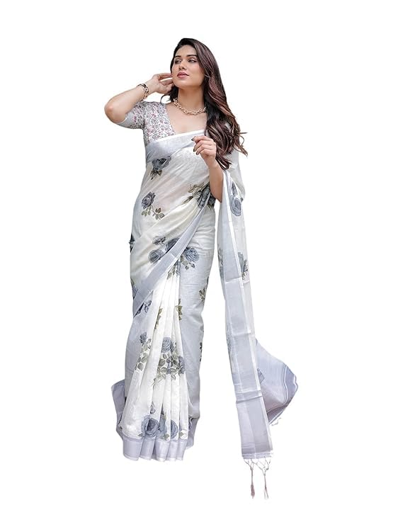 Rajeshwar Fashion (Women’s Linen Cotton saree with digital floral print and latkan work | casual wear | Linen cotton | flower design | Unstitched blouse |Lotus