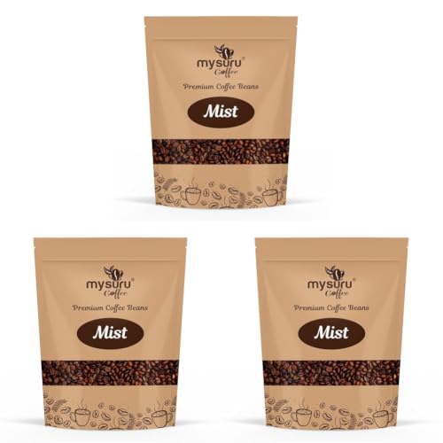 Image of MYSURU COFFEE Premium Whole Roasted Beans [250g - MIST] | Pure Arabica - 100% | Cafe Blend Medium Roast Fresh Single Origin Coffee (Pack of 3)