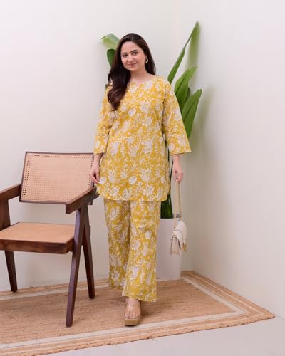 Image of MEERA FAB Women Printed V-Neck Pure Cotton Tunic with Trousers Co-Ords Set