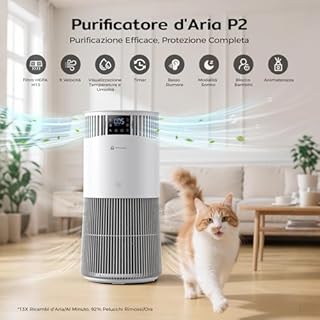 Amicura P2 Purificatore d'Aria con Filtro HEPA H13, Rimozione 92% Peli Animali, 99% Odori, per Allergie & Animali Domestici, Intelligente, App, Modalità Notturna <32dB, Sicuro per Gatti, Bianco