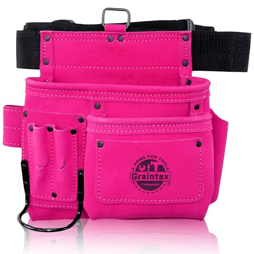 Graintex 5 Pocket Suede Leather Tool Belt/Bag | Pink | Multipurpose Leather Tool Belt for Women and Men | Construction Electrician Handymen Carpenter Gardening Pouch and DIY Projects