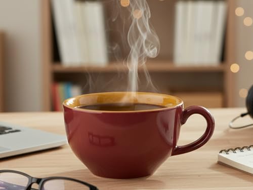 Image of Bodhi House Ceramic Coffee Wide Large Mug with Handle - Set of 2, 350Ml Glossy Finish | Bone Ash Free & Microwave Safe | for Cappuccino, Latte, Green Tea - Burgundy