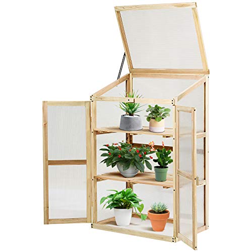GOPLUS Serre en Bois avec Vitrages Transparents Amovible en Polycarbonate, avec Ouverture Inclinée, Serre pour Plantes et Légumes pour Balcon Terrasse Jardin (60 x 45 x 100 cm)
