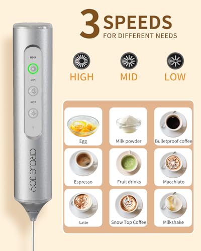 Image of CIRCLE JOY Rechargeable Handheld Milk Frother Wand with 3 Variable Speeds, 3 Whisks and Storage Box, Electric Drink Mixer for Latte, Cappuccino, Hot Chocolate, Eggs and Protein Powder, Silver