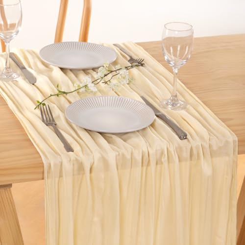 Image of MLMC 8 Pack Beige Cheesecloth Table Runner 10ft Cream Rustic Gauze Cheese Cloth Table Runner 35x120 Inches for Wedding Baby Bridal Shower Boho Home Decor