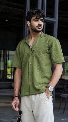 Image of Men's Kint-Textured Half Sleeve Spread Collar Shirt