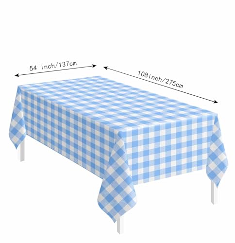 Image of SietDESEO 6 Pack Light Blue Gingham Tablecloth Rectangle 54 x 108 Blue and White Checkered Table Cloth Disposable Plaid Table Cover Plastic for Birthday Baby Shower Picnic Wedding Party Supplies