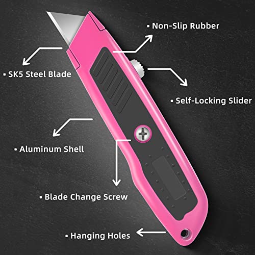 Image of DIYSELF 2 Pack Box Cutter Retractable Heavy Duty Utility Knife, Ergonomic Razor Knife for Warehouse, Office, Exacto Knives Box Opener for Package, Cardboard (Pink)