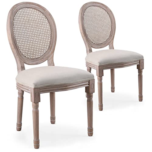 Menzzo Lot de 2 chaises médaillon Louis XVI – Bois Massif patiné & cannage Naturel – Assise Tissu Beige – Style Classique Chic pour Salle à Manger