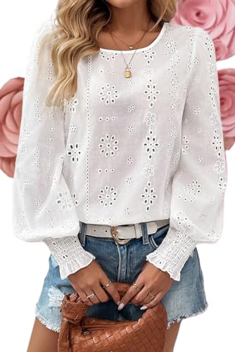 Women's White Eyelet Embroidered Sheer Blouse with Smocked Cuffs