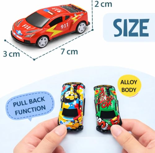 Image of 6-Pack Die Cast Metal Pull Back Toy Cars for Kids, Mini Sports Racing Car Set with Colorful Graphic Design, Friction Powered Alloy Vehicles for Boys & Girls, Ages 3+