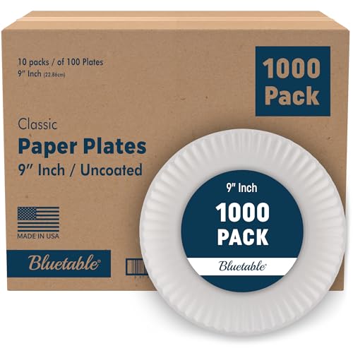 Bluetable 9 Inch Paper Plates Bulk 1000 Count - Uncoated White 9 Dinner Plate Pizza Plate Decorative Craft Paper Plates Disposable Plates [1000 Pack/Case]