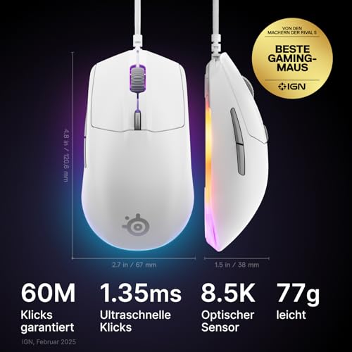 SteelSeries Rival 3 Gen 2 Gaming-Maus – 8.500 DPI TrueMove Core-Optiksensor – 60 Millionen Klicks garantiert – Niedrige Latenz… – Ansicht 2