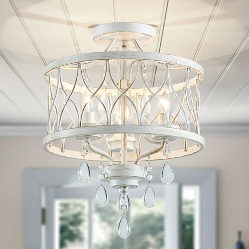 WUZUPS lámpara 3-luz vintage granja industrial Semi-Flush montaje lámpara de techo luminaria para vestíbulo dormitorio pasillo habitación de almacenamiento, H 40,6 x W 32,5, E14 Base, blanco antiguo