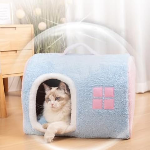 Cat Beds for Indoor Cats, Portable Cute Cat House with Handle, Cat Bed Cave Sleeping Bag, Soft Plush Fur Kitten Bed, Cat House Tent (Blue, S) Cover