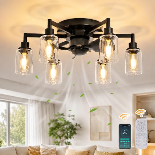 Image of Garwarm 26IN Ceiling Fans with Lights, Black Flush Mount Ceiling Fan with Lights Remote Control,Low Profile Bladeless Ceiling Fan Light Fixture for Bedroom, Kitchen, Dining Room