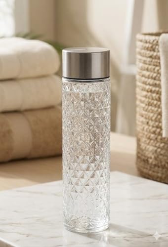 Image of Diamond Cut Glass Water Bottles with Stainless Steel Lid, Clear, Set of 6, 750ml, BPA-Free, for Kids' School, Lab Weighing, Gym, Home, Office