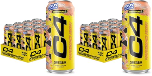 Image of C4 Performance Energy Drink | JOLLY RANCHER Peach | Zero Sugar Carbonated Preworkout Energy | 200mg Caffeine with Beta Alanine | 16 Fl Oz (24 Pack)