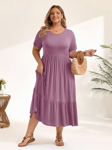 Image of LARACE Plus Size Dresses for Women Summer Casual Short Sleeve Long Dress Flowy Maxi Beach Dresses with Pockets L-6XL