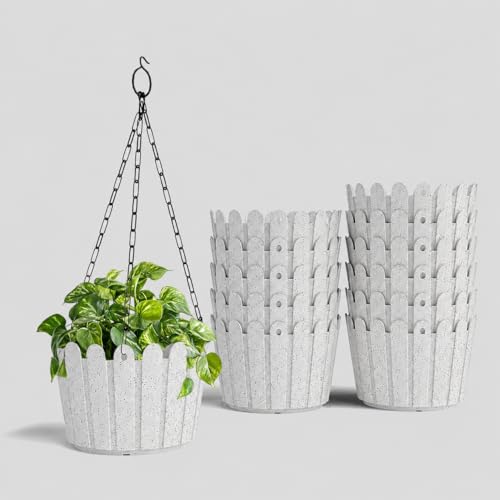 Image of YUCCABE ITALIA SHERA Hanging Fence 8 Inch Planter Pot Plastic Flower Hanging Pots for Home Decoration Suitable for Indoor and Outdoor Marble White Pack of 12