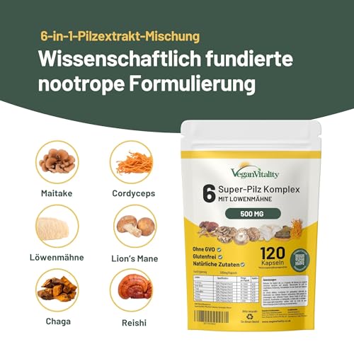 Pilz Komplex, 6 wichtige Pilz Complex als Pilz Kapseln, Lions Mane Kapseln, Reishi Pilz, Chaga extrakt, Shitake, Cordyceps und Maitake 120 Capsules
