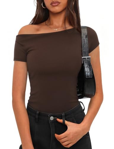 Totatuit Schulterfreies Oberteile Damen Tshirt Basic Kurzarm Y2K Slim Fit Klassischer Schnitt Crop Tops Einfarbig Shirt Sommer Casual Tee Shirts Braun S