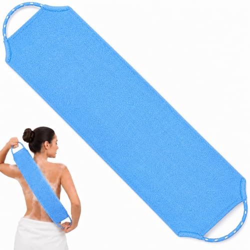 Back Scrubber for Shower Double Sided Exfoliating Back Exfoliator with Handles Stretchable Long Body Washcloth for Men Women Deep Cleansing Exfoliating Shower Towel (Light Blue)