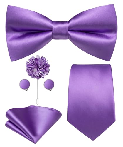 Image of Hi-Tie 5Pcs Mens Solid Color Silk Tie Satin Pretied Bowtie Lapel Pin for Men Handkerchief Cufflink Wedding Gift Box