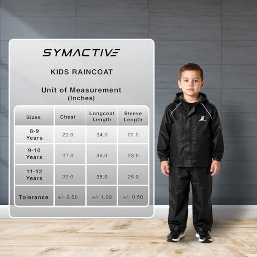 Image of Amazon Brand - Symactive Reversible Double Layered Standard Length Hooded Raincoat with Pants for Kids (Unisex) | Waterproof | Elastic Cuffs | Age 11-13 Years | Black