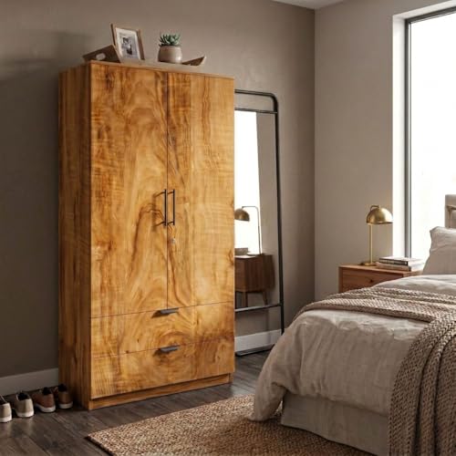 Image of FFO Keris 2 Door Wooden Wardrobe with 2 Drawers, Hanging Rod & Storage Shelves | Modern Clothes Almirah Cabinet with Lock & Black Handles for Home Coach Wood DIY.