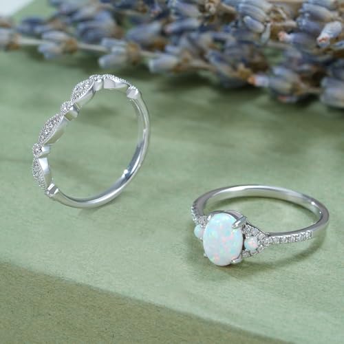 3 Stone Oval-Cut Natural Opal Engagement Rings Sets for Women,925 Sterling Silver Split Shank Moissanite Wedding Rings Sets,Bridal Ring Sets for Anniversary Birthday3