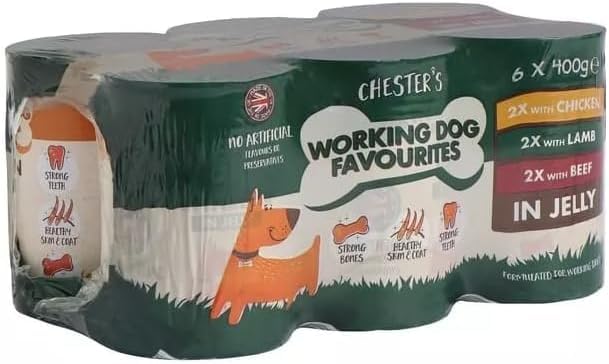 Chester's Wet Dog Food Chunks 6 x 400g Tins - Complete Adult Dog Food, High Meat Content, Vitamins & Minerals, Protein Rich Wet Food for Active Dogs (Working Dog Chunks)