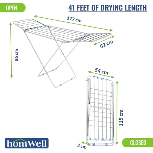 Image of homWell Heavy Duty Stainless Steel Foldable Clothes Drying Stand with 41 Feet Drying Length & 8 Hooks Cloth Drying Stand Foldable Clothes Stand for Drying Cloth Dryer Stand