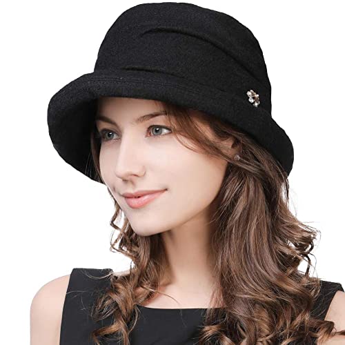Fancet Damen Wolle Eimer Hut Winter 1920er Vintage Cloche Bowler Hut Modische Derby Kirche Hüte für Frauen, 16060_Black, L