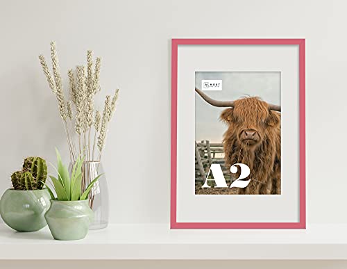 Almost Frameless A2 Pink Picture Frame With White Mount for A3 (29.7 x 42cm - 11.7 x 16.5in) Print, Photo, or Poster. Portrait and Horizontal Wall Hooks - Image 4