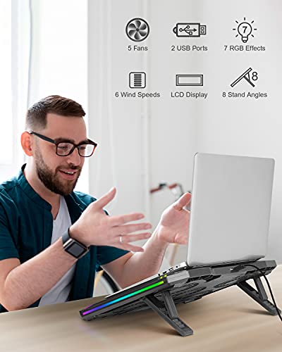 SWORDFISH-RGB-Laptop-Cooling-Pad-10-173-Laptop-Cooler-with-5-Quiet-LED-Fans-6-Adjustable-Wind-Speeds-7-RGB-Light-Effects-LCD-Screen-8-Adjustable-Angles-2-USB-Ports-Metal-Mesh