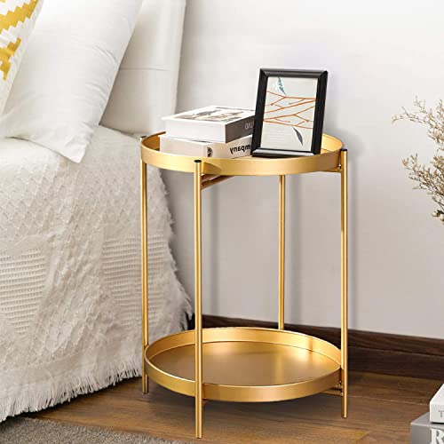 Homebeez Tray Metal End Table, Gold Round Foldable Side Table Small Decorative Sofa Snack Coffee Plant Stand Table (2-Tier Gold)