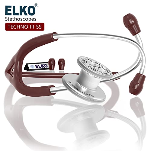 Image of ELKO EL-170 TECHNO III SS Stainless Steel Acoustic Stethoscope | Adult & Pediatric Stethoscope With Double Sided Chestpiece | Two-Way PVC Tubing | Doctors & Medical Students (Brown)