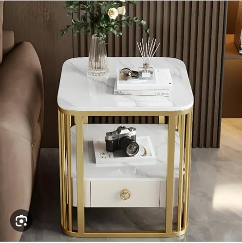 Image of Style Round End Table with Storage, Drawer 2-Tier Shelf Nightstand Gold Metal Frame Marble Look Sofa Side Coffee Table for Living Room Bedroom Balcony Patio (White Gold)